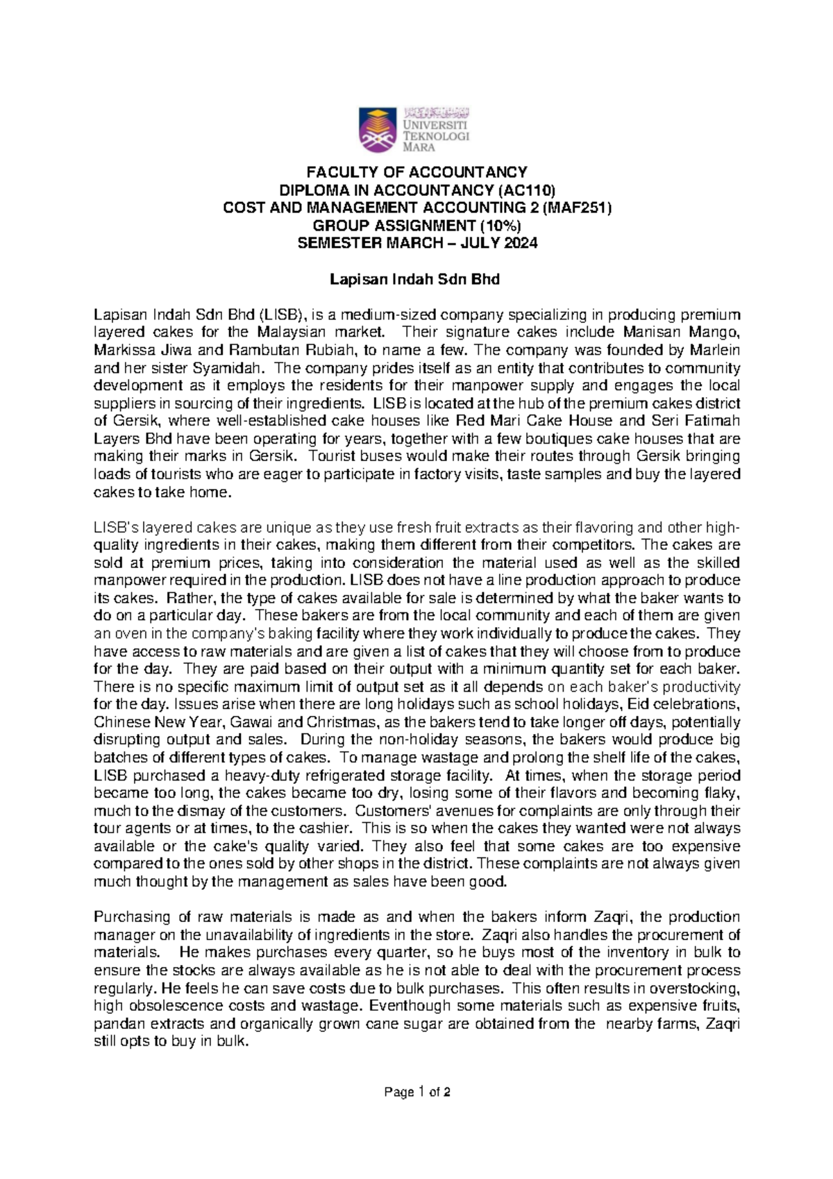 MAF251 Group Assignment: Cost & Management Accounting Case Study 2024 ...