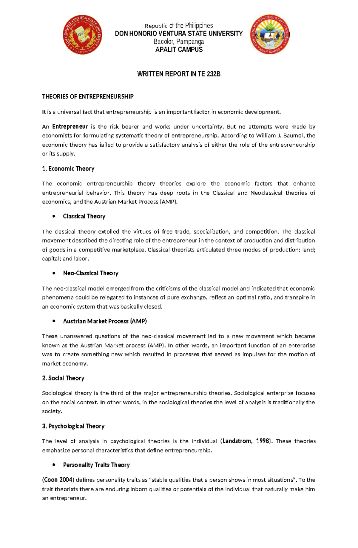 TE 232B Written Report: Theories of Entrepreneurship Analysis - Studocu