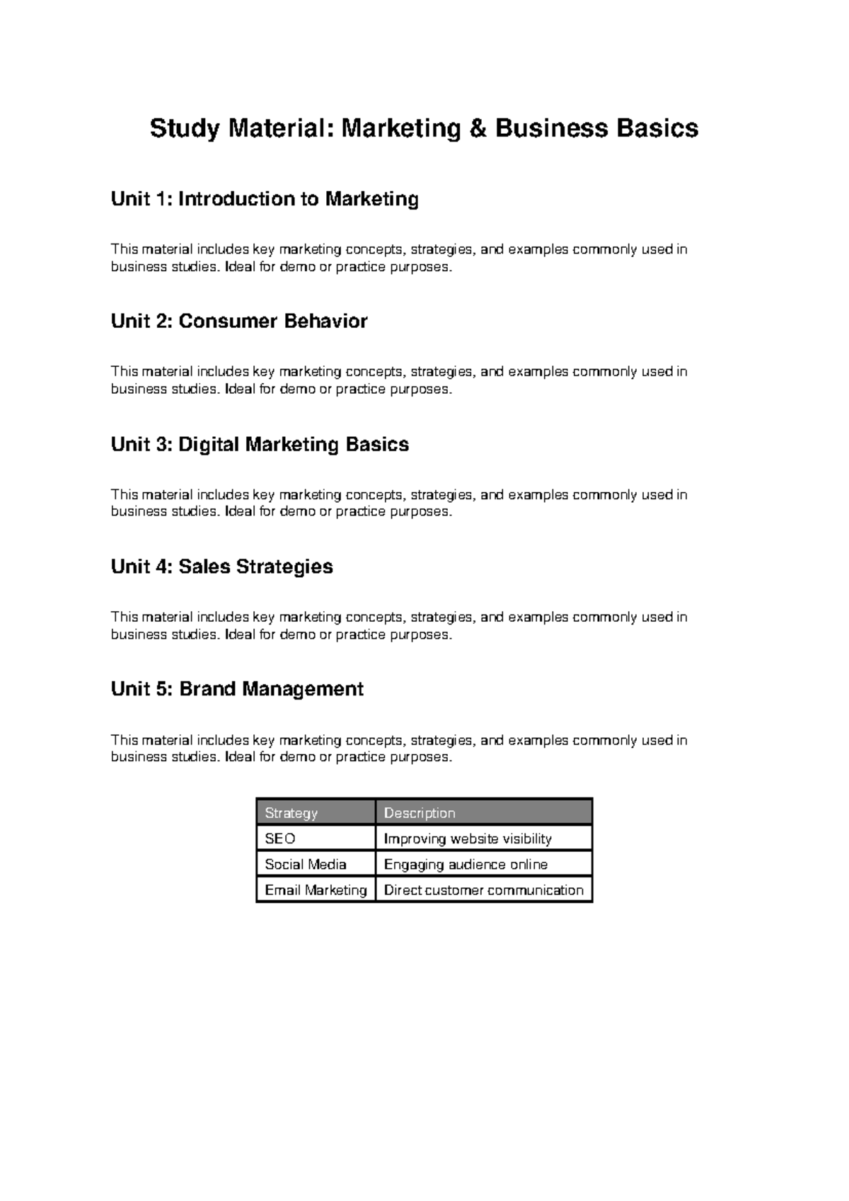 Marketing Basics Study Material: Units 1-5 Overview - Studocu