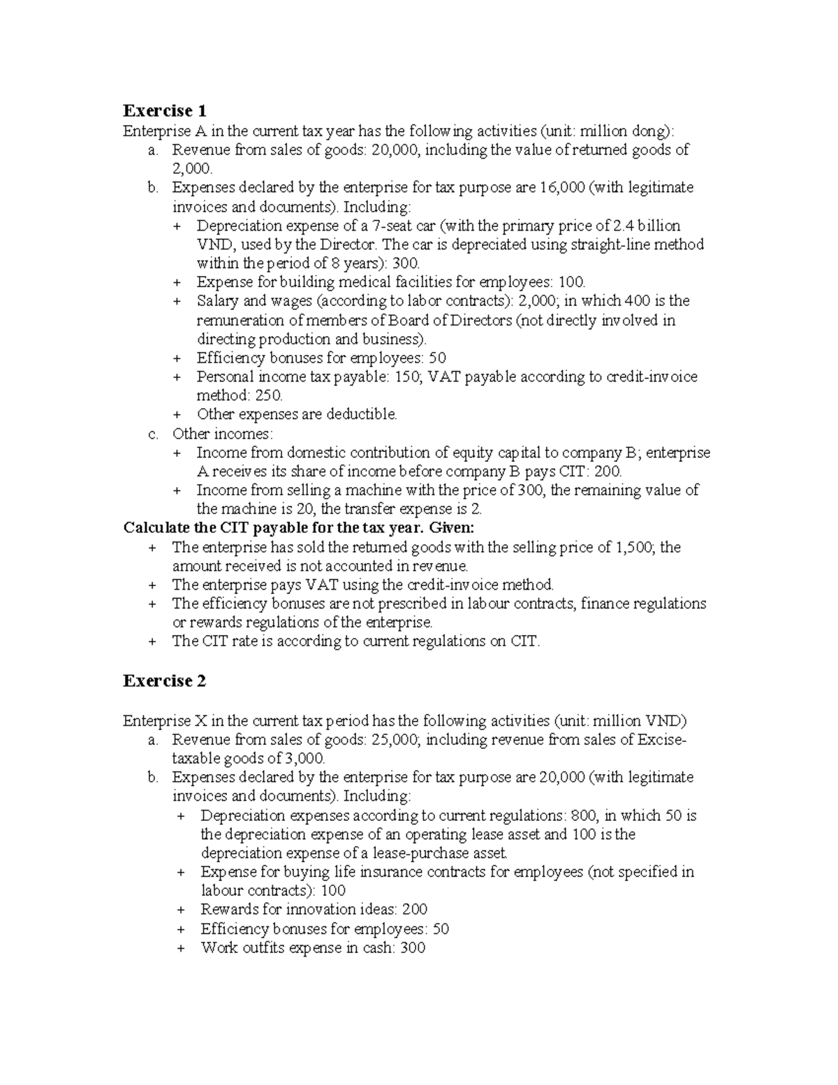 2-CIT Exercises - Enterprise Tax Calculations and Analysis - Studocu