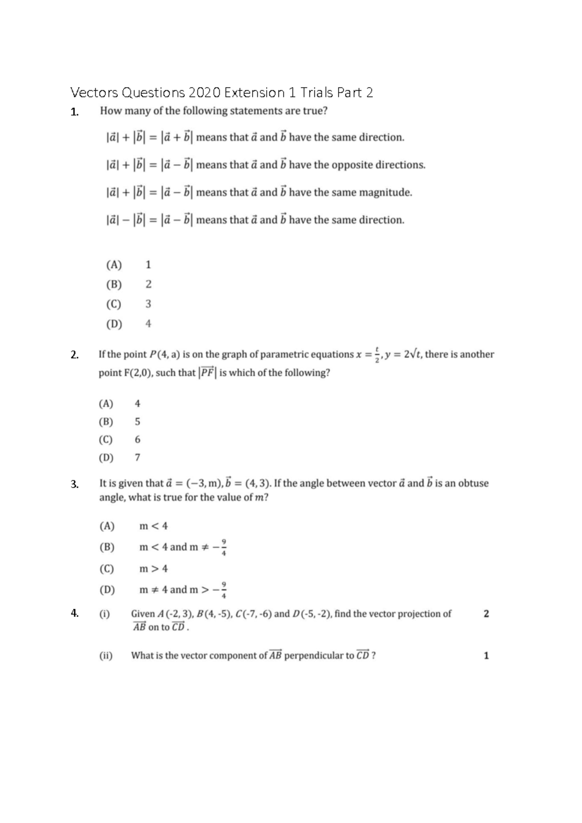 Vectors Questions 2020 Ext 1 Trials - Part 2 Answers & Solutions - Studocu