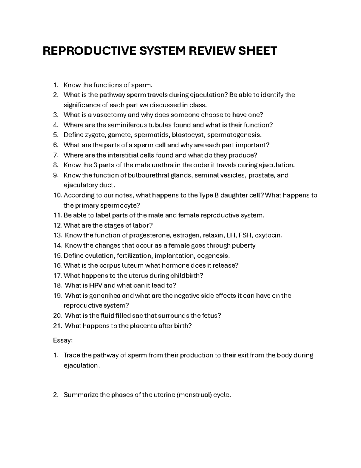 Reproductive System Review Sheet - Studocu