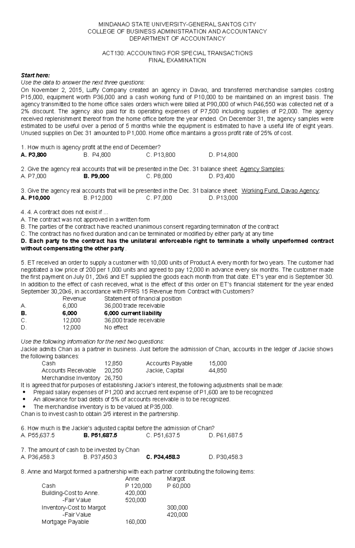 ACT130: Accounting for Special Transactions Final Exam Notes - Studocu