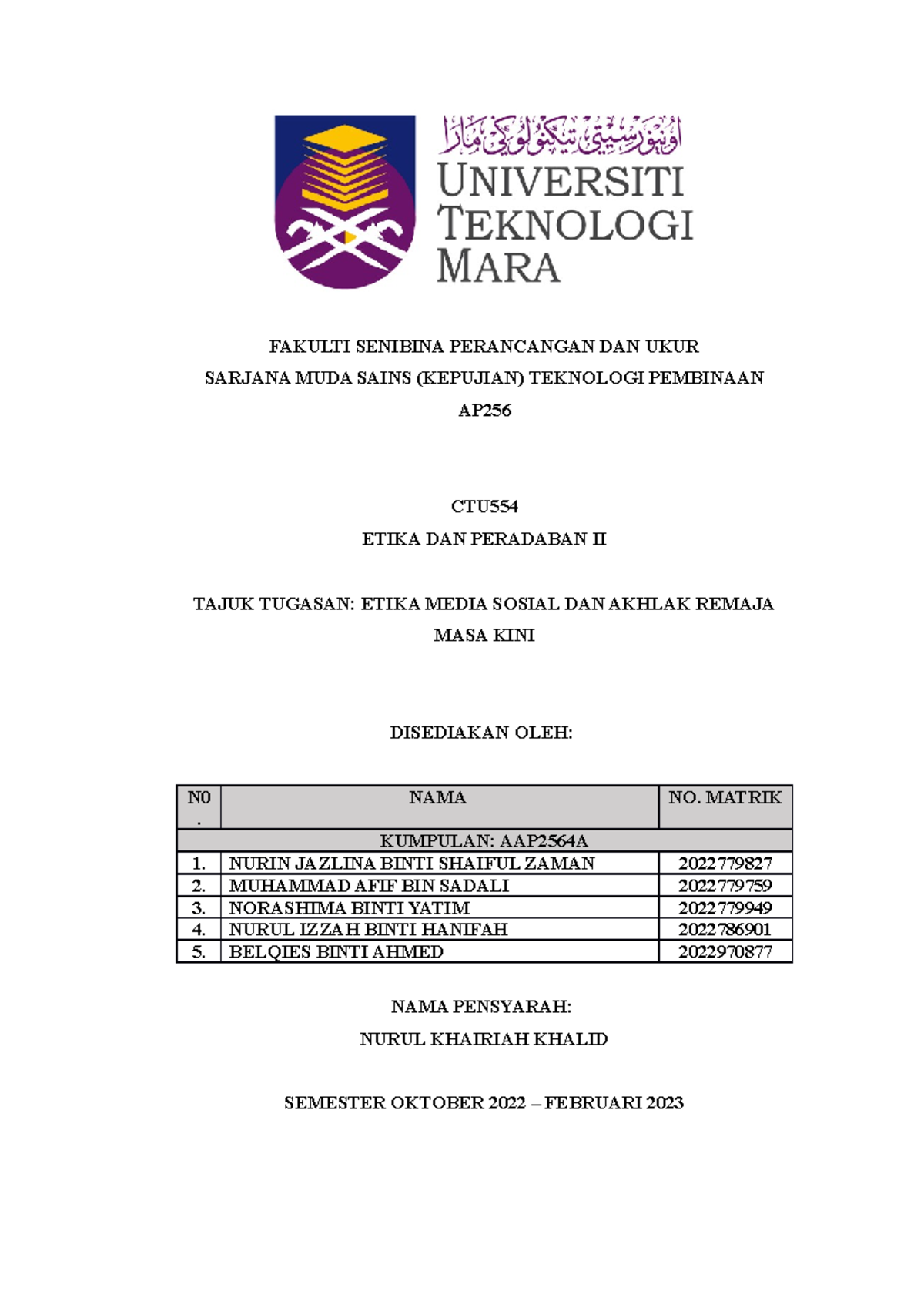 Tugasan Kumpulan CTU554: Etika Media Sosial & Akhlak Remaja - Document Preview