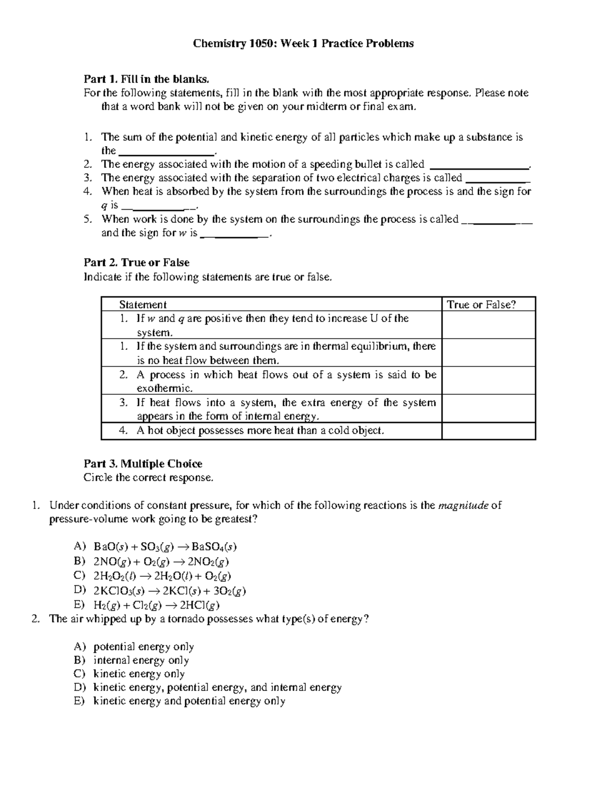 Chemistry 1050: Week 1 Practice Problems & Solutions - Studocu