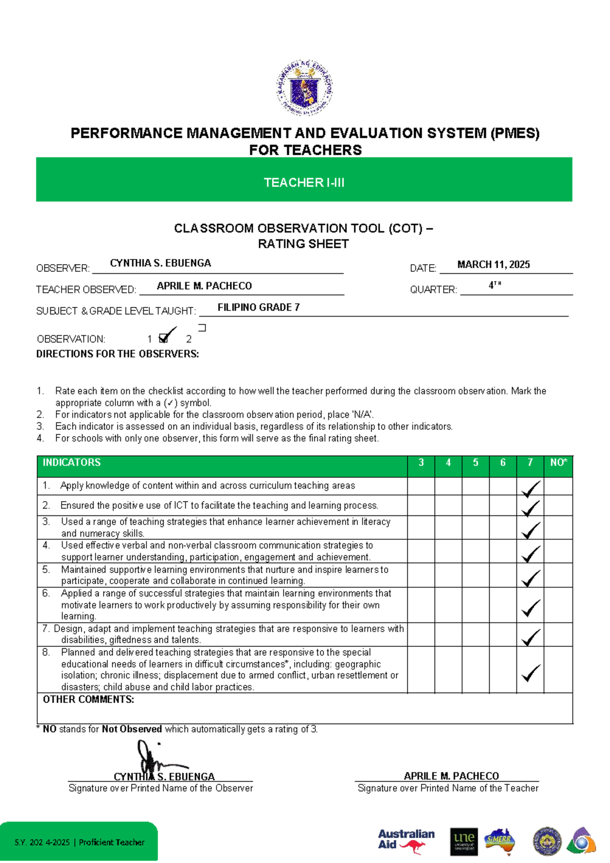 PMES COT Rating Sheet for Proficient Teacher - SY 2024-2025 - Studocu