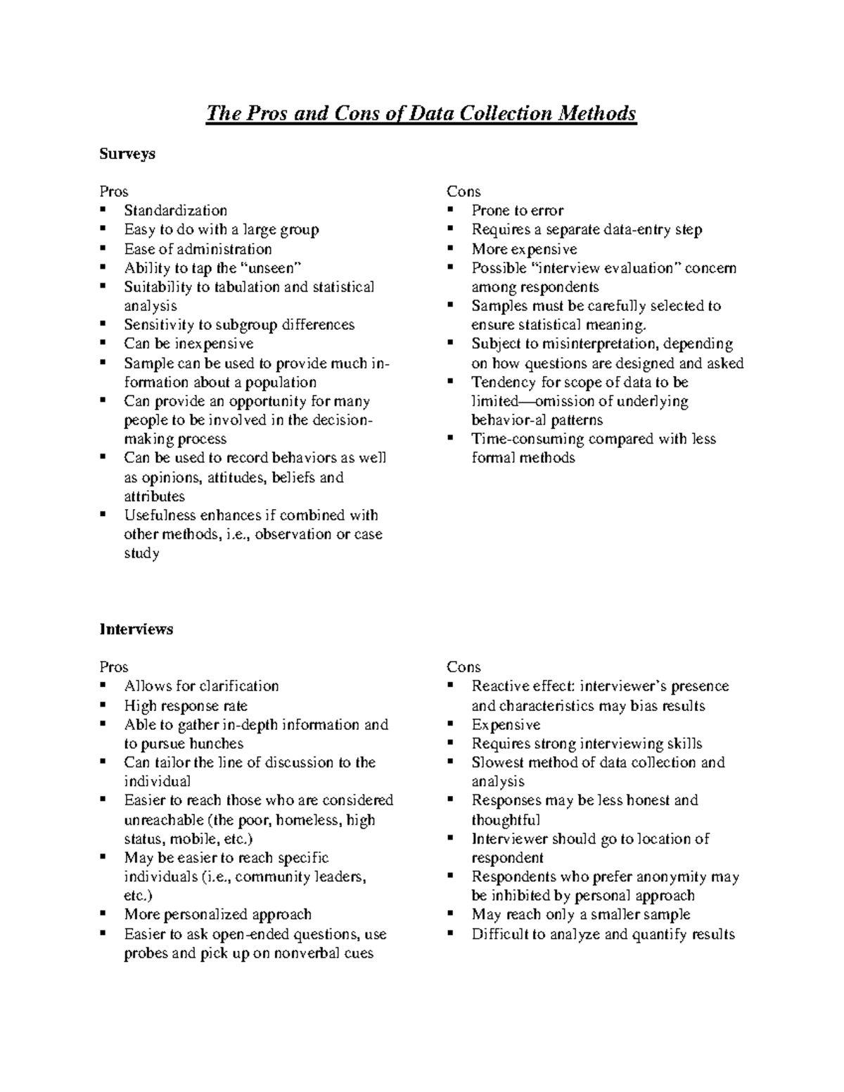 Data Collection Methods: Pros & Cons Analysis (403346) - Studocu