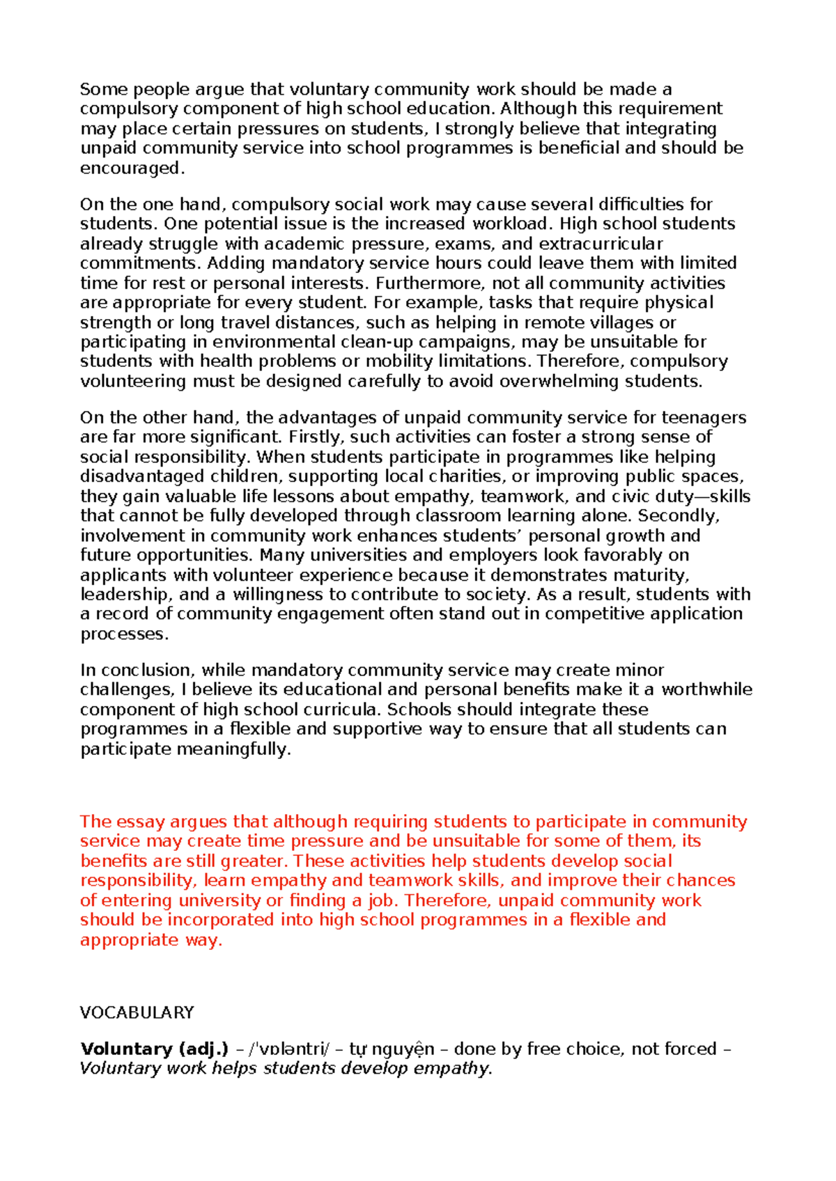 UHC 101 Essay: The Importance of Compulsory Community Service in High ...