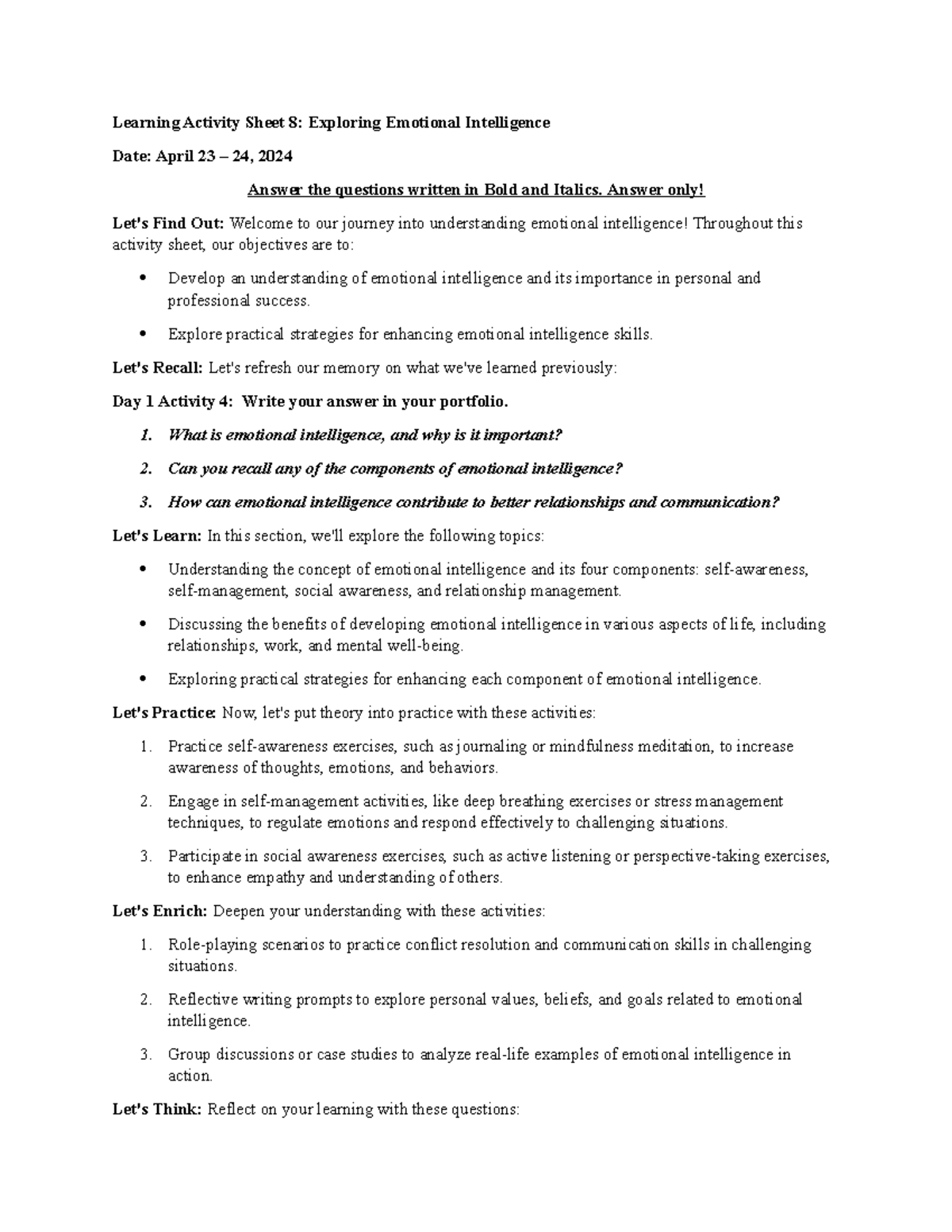 Learning Activity Sheet 8: Insights into Emotional Intelligence - Studocu