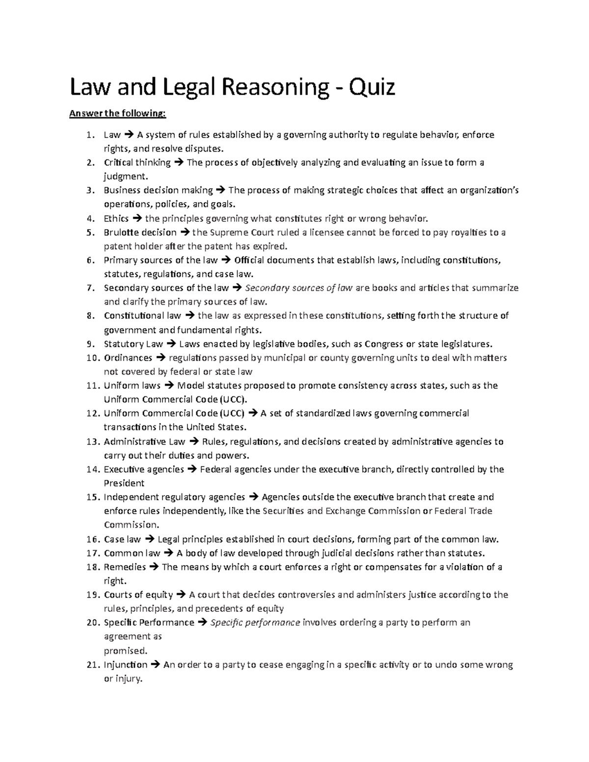 Law and Legal Reasoning Answer - Law and Legal Reasoning - Quiz Answer ...