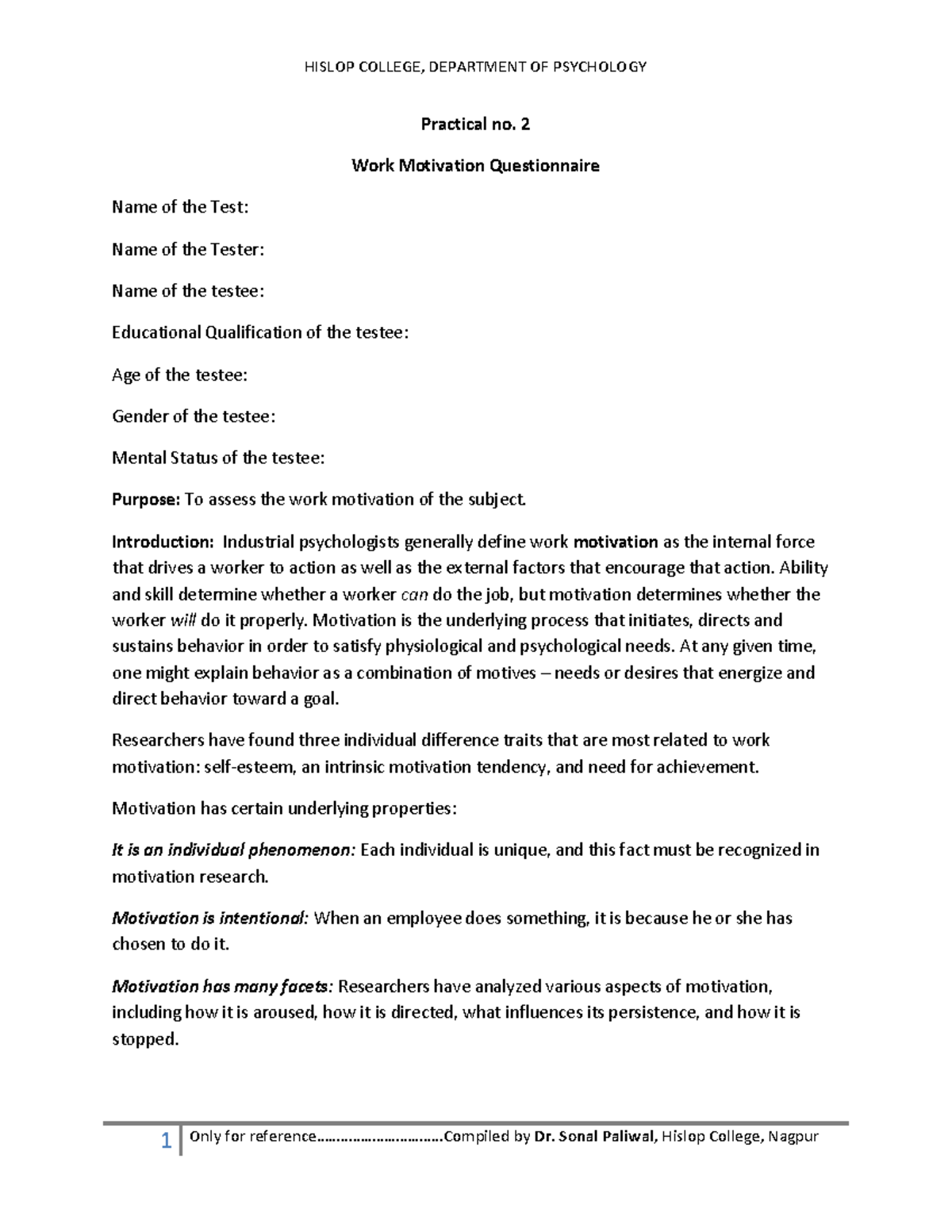 HISLOP COLLEGE PSYCHOLOGY Practical 2: Work Motivation Questionnaire ...
