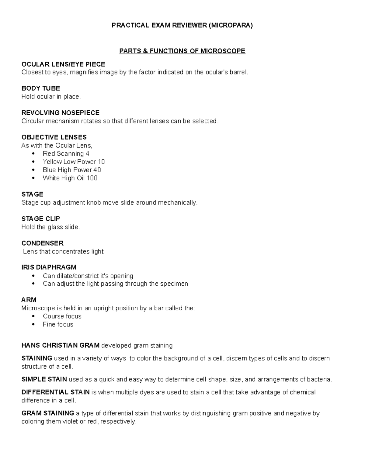 Practical Exam Reviewer for MICP: Microscope Functions and Staining ...
