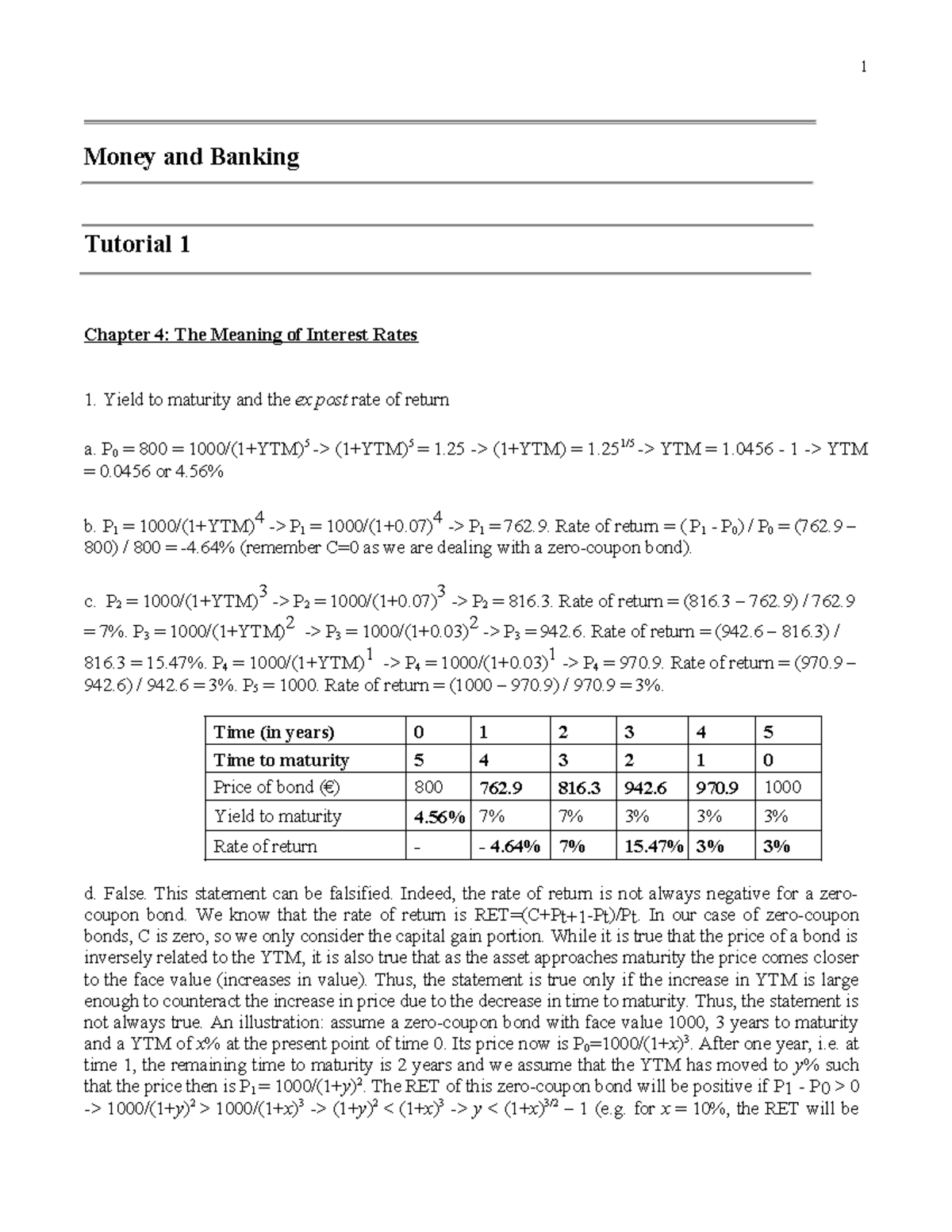 Money and Banking Tutorial 1: Interest Rates and Yields Analysis ...