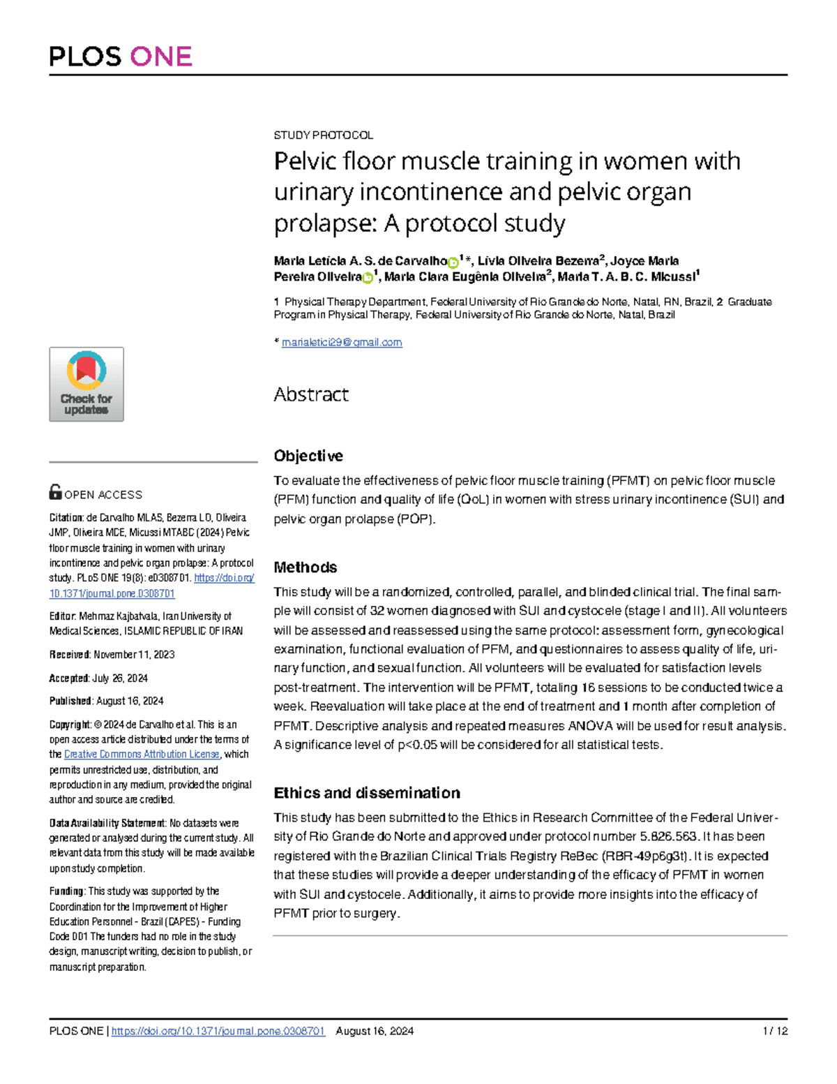 PLOS ONE STUDY PROTOCOL: PFMT for Urinary Incontinence & Prolapse - Studocu