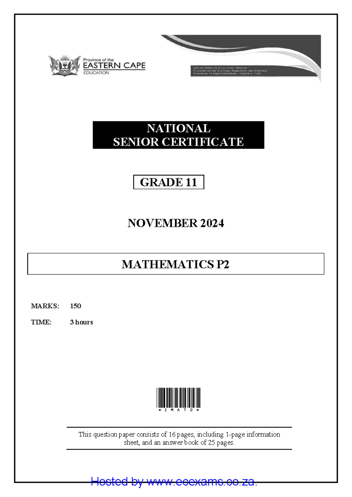 Mathematics P2 Question Paper Grade 11 November 2024 - Marks: 150 - Studocu
