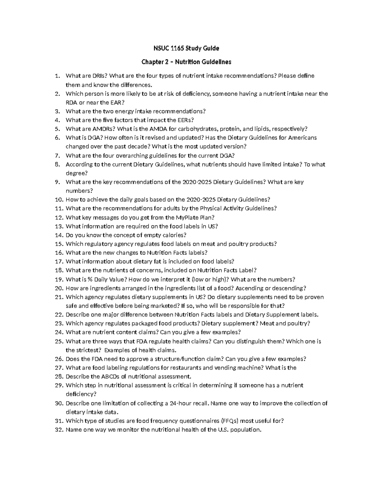 NSUC 1165 Study Guide: Chapter 2 Nutrition Guidelines & Recommendations ...
