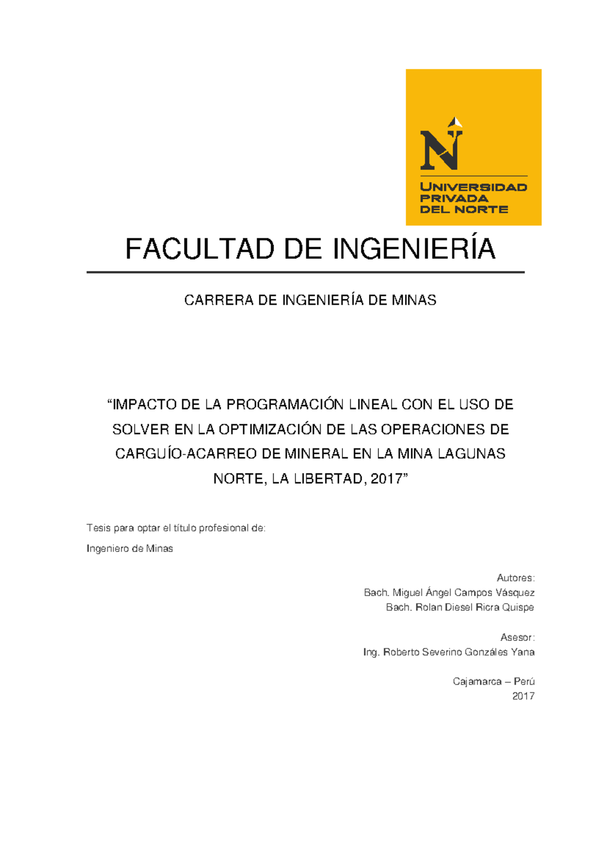 Impacto de la Programación Lineal y SOLVER en la Optimización de Carguío-Acarreo en Mina Lagunas Norte - Tesis P. L. - Document Preview