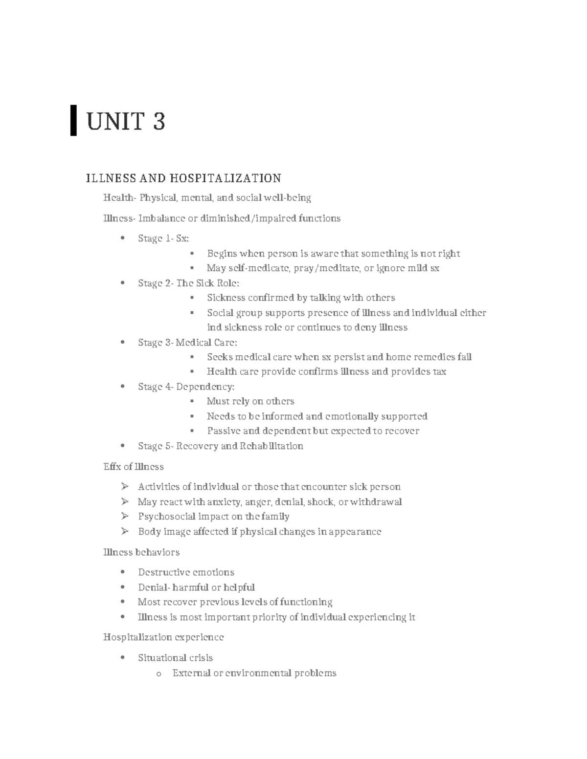 Mental Exam 2 - Unit 3 - UNIT 3 ILLNESS AND HOSPITALIZATION Health ...