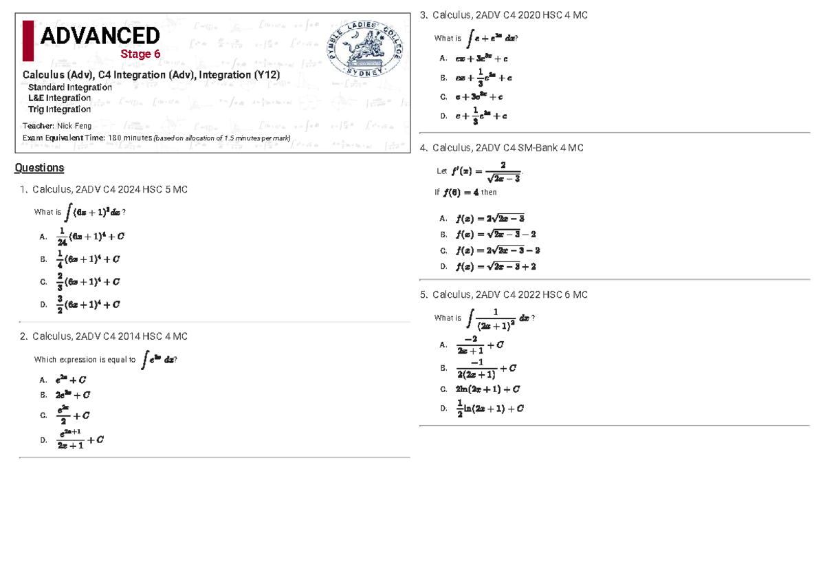 Integration 1 HSC Questions - Calculus 2ADV C4 - Studocu