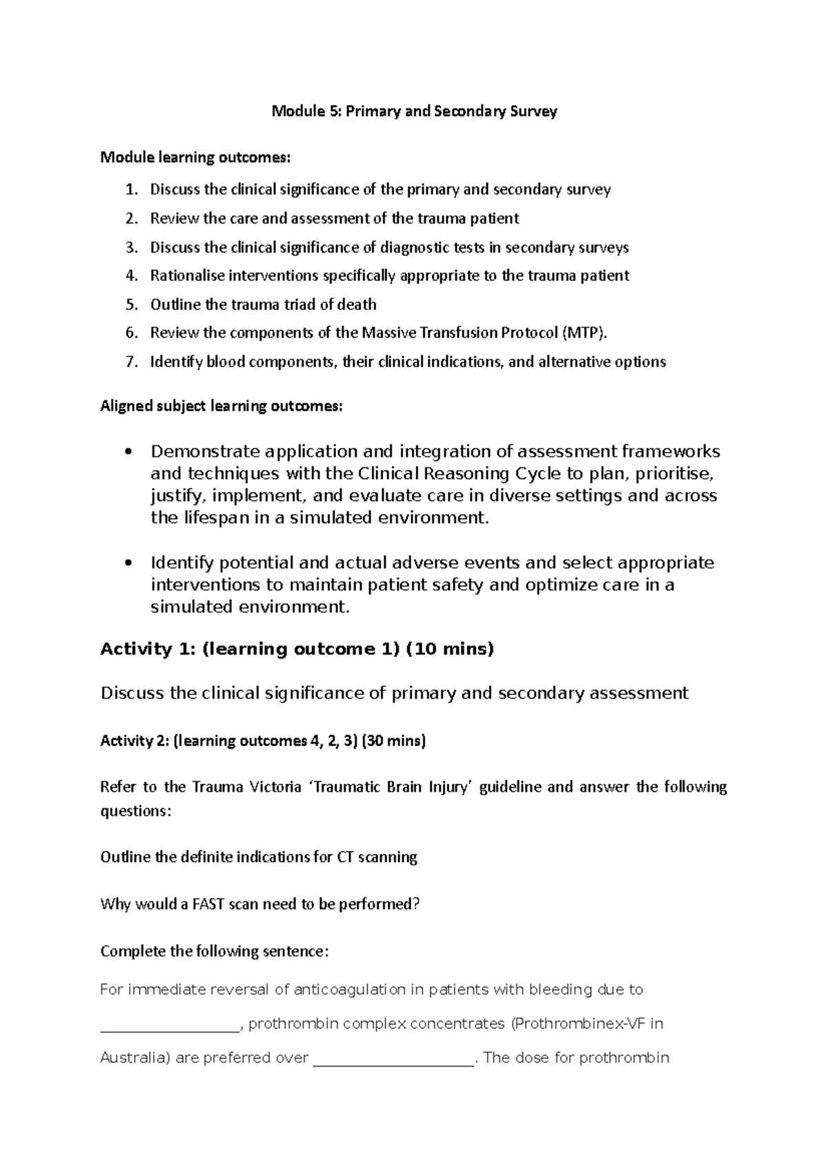 Module 5: Tutorial on Primary & Secondary Survey in Trauma Care - Studocu