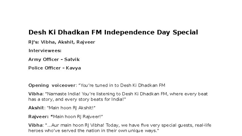 RJ Script - Desh Ki Dhadkan FM Independence Day Special - Studocu