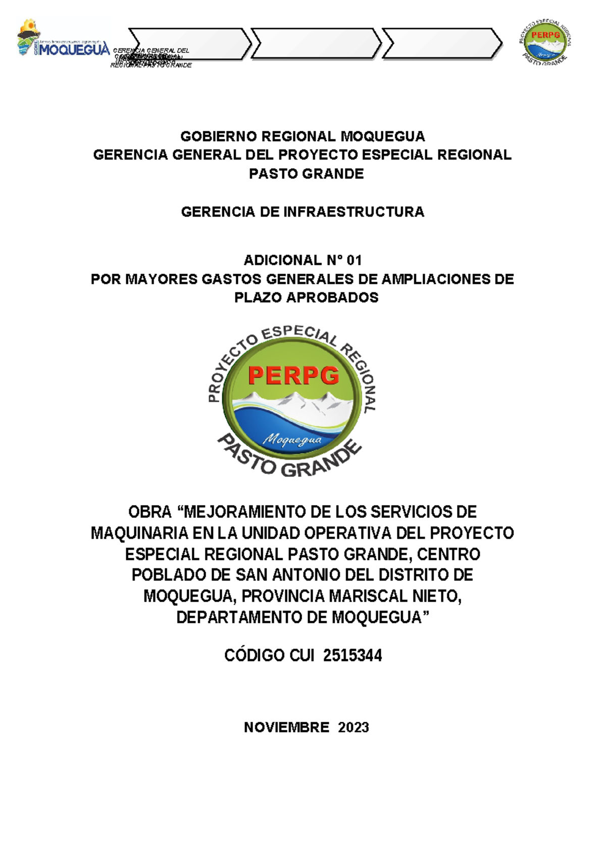 ADICIONAL N° 01 - MAYORES GASTOS GENERALES DEL PROYECTO PASTO GRANDE - Document Preview