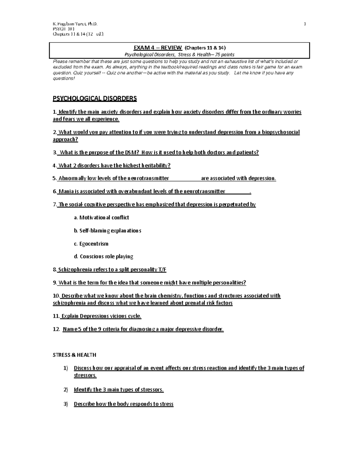 PSYCH 101 Final Exam Review: Chapters 11 & 14 on Disorders & Stress ...
