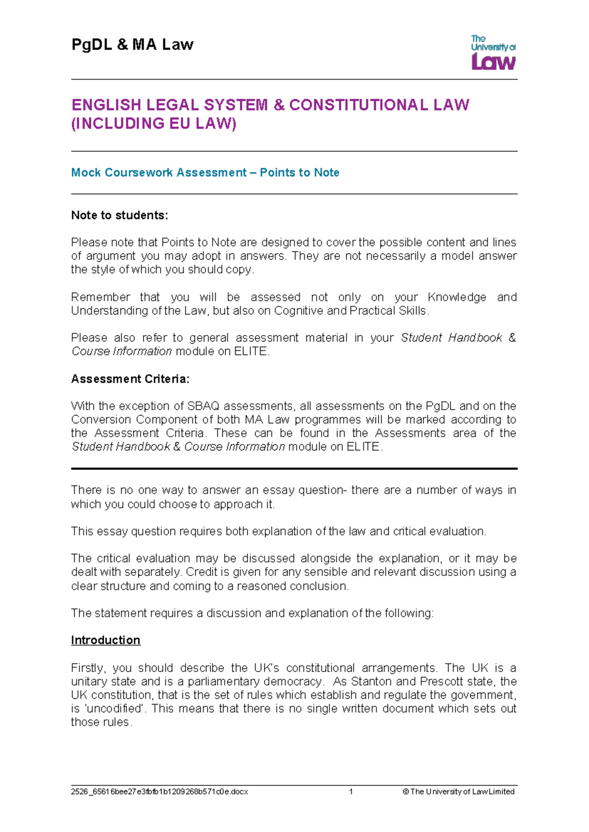 PgDL MA Law ELSCON Mock Coursework Assessment Points to Note - Studocu