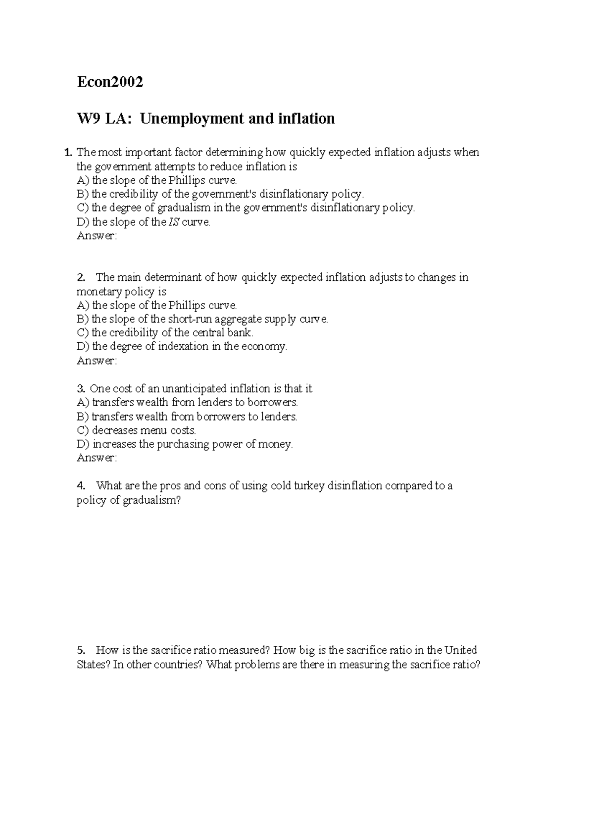 Econ2002 W9 LA: Unemployment & Inflation Questions and Answers - Studocu