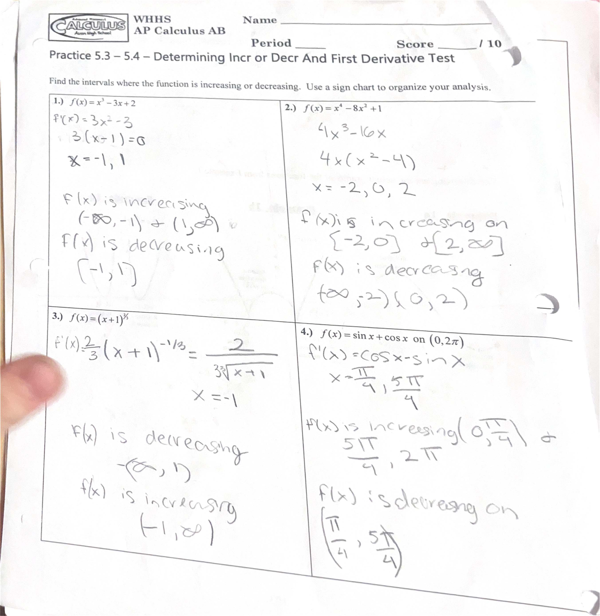 AP Calculus AB Practice 5.3 & 5.4: Increasing/Decreasing Functions ...