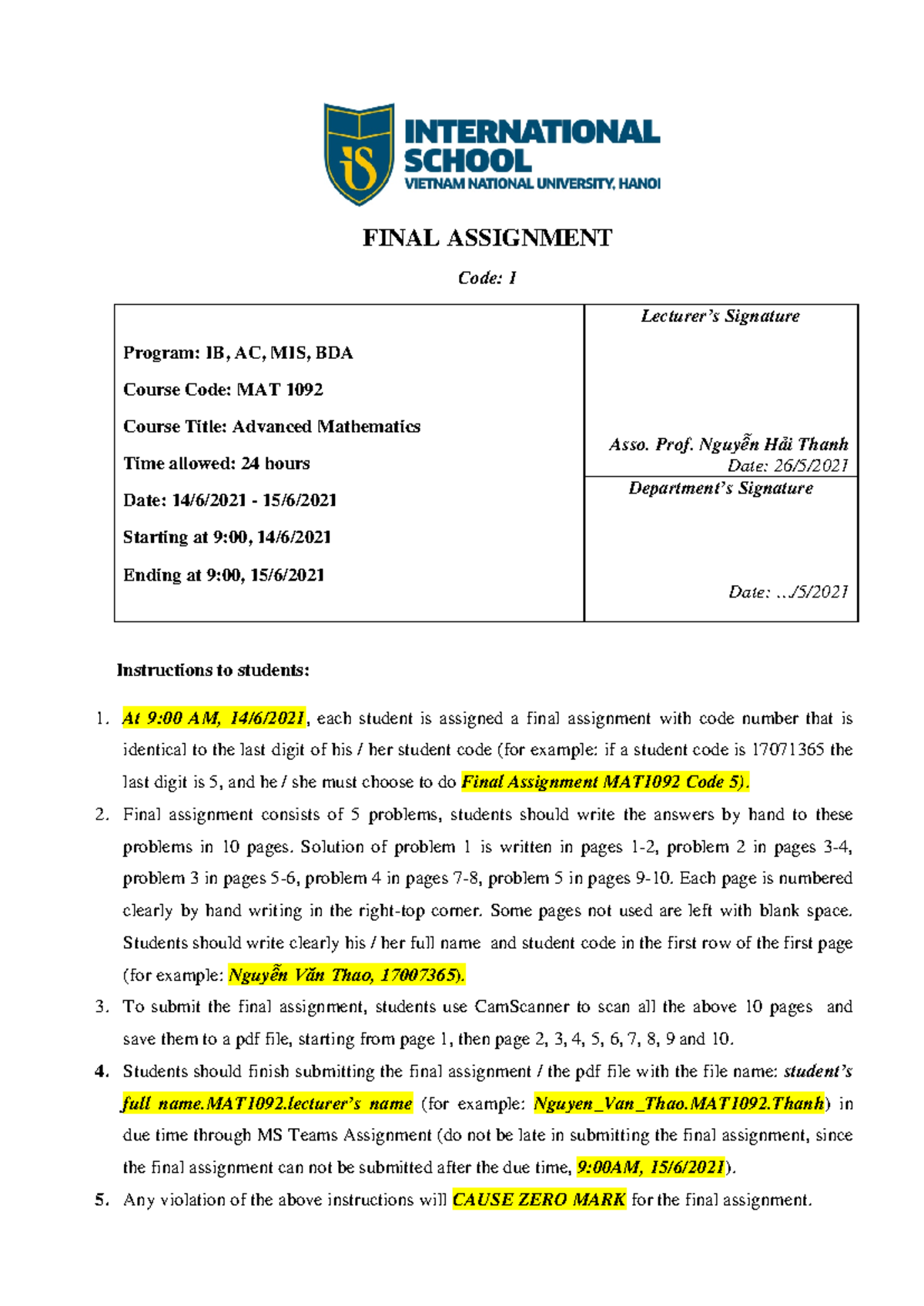 Final Assignment MAT 1092 - Code 1 Guidelines and Problems - Studocu