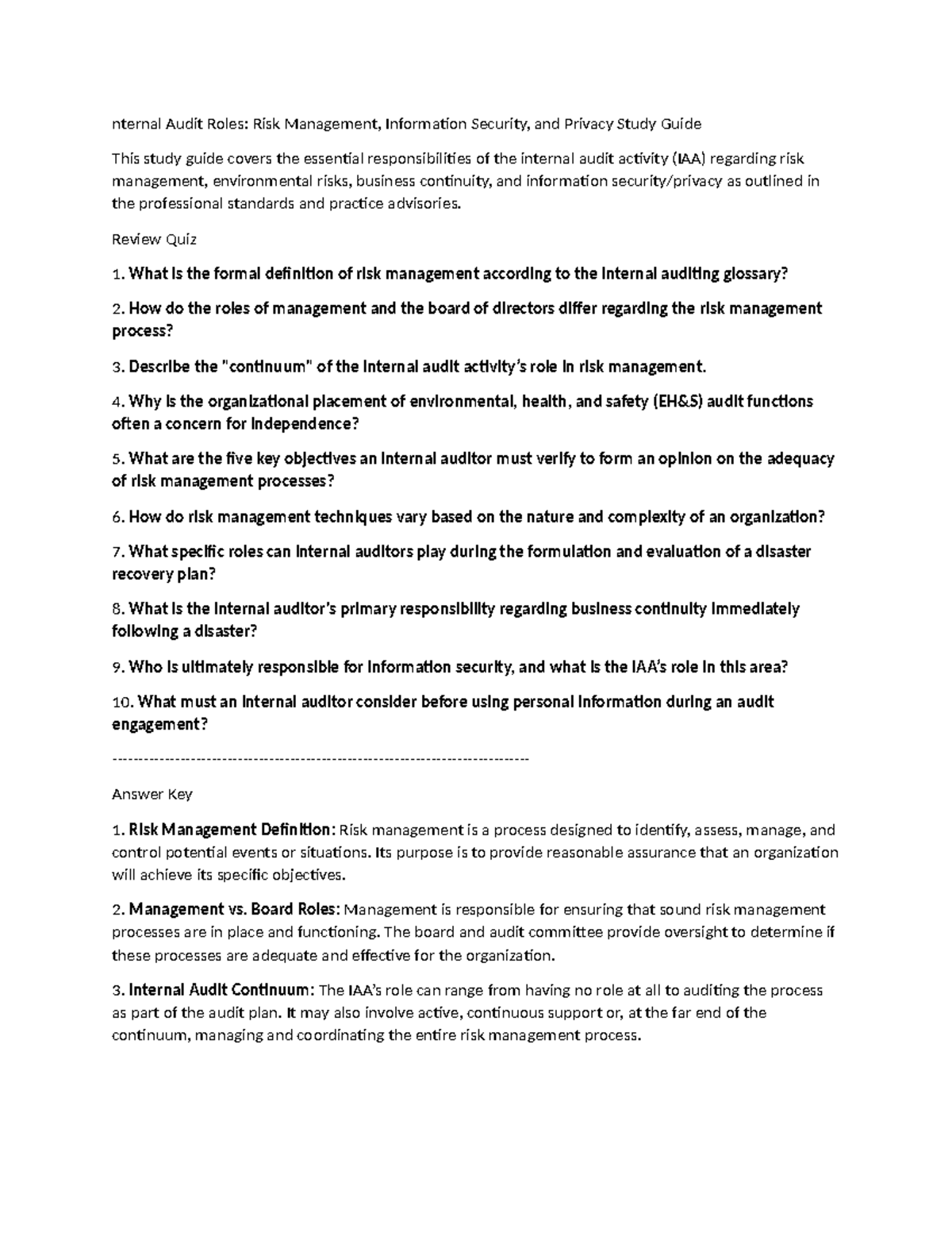 Internal Audit Roles: Risk Management & Info Security Study Guide - Studocu