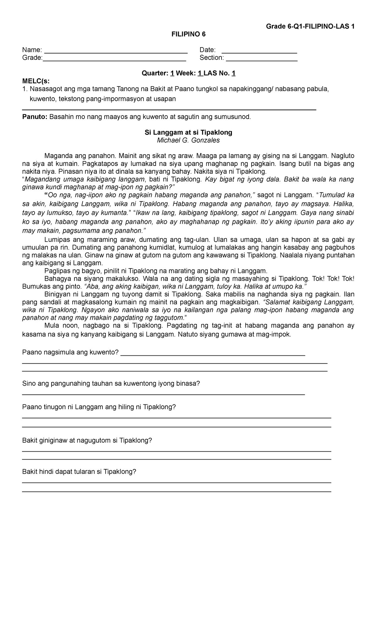 Grade 6 - Q1 Filipino LAS 1: Ang Kuwento ni Langgam at Tipaklong - Studocu