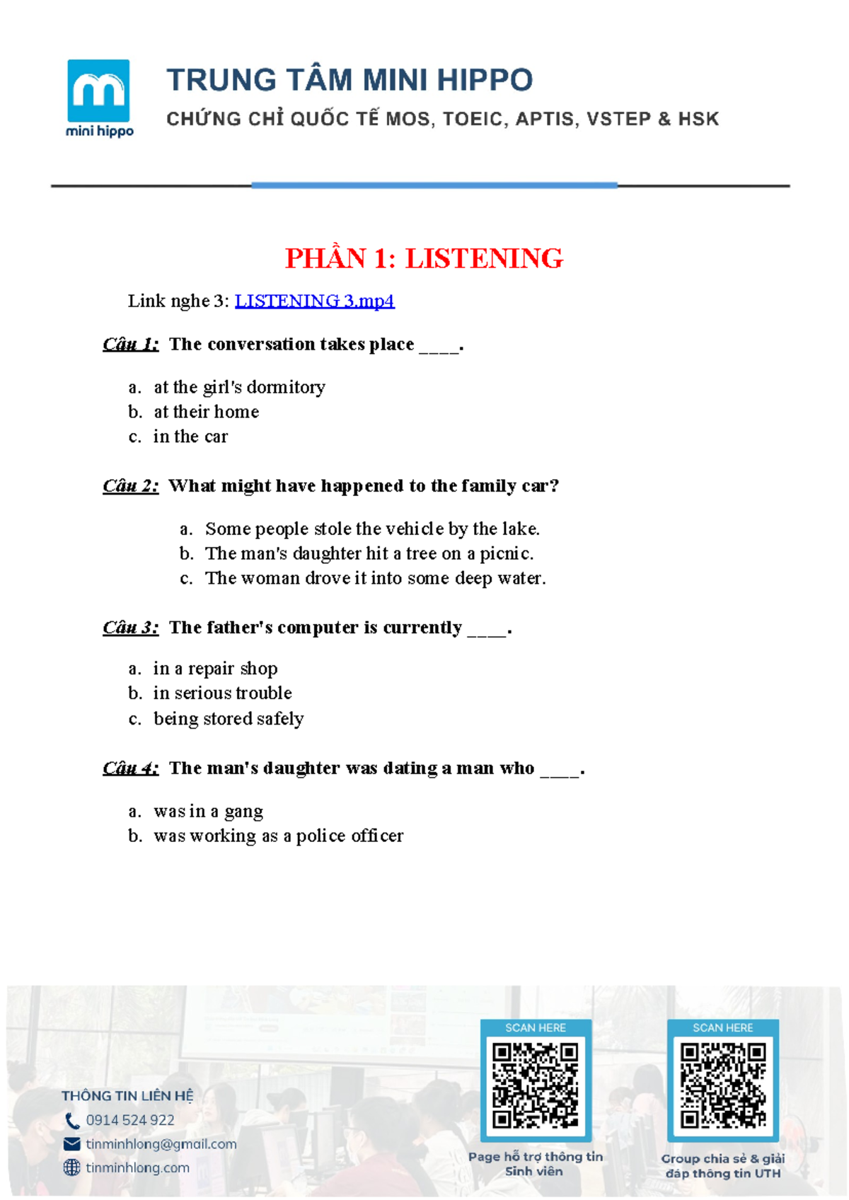 TADV UTH ĐỀ 3: LISTENING & READING PRACTICE - Studocu
