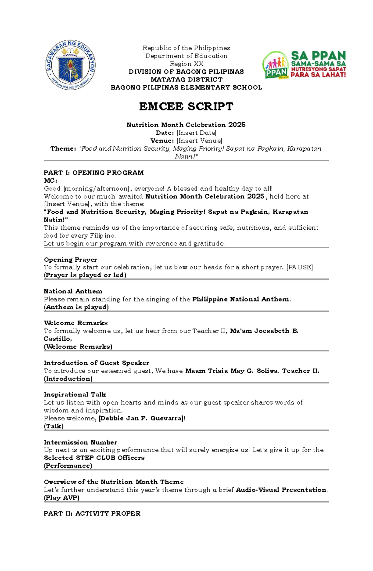 Emcee Script for Nutrition Month Celebration 2025 - Studocu