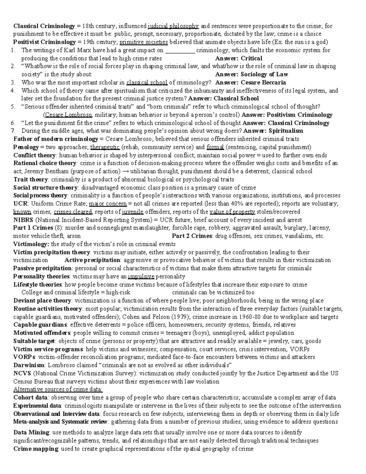 CRIM 101: Exam 1 Comprehensive Study Guide on Criminological Theories ...