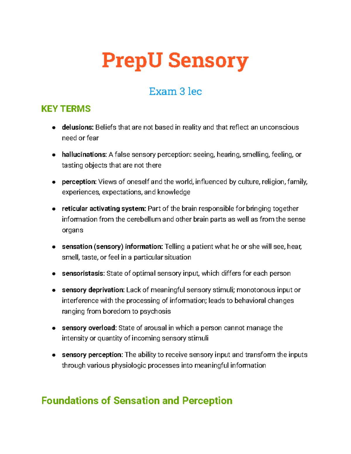 PrepU Sensory Exam 3: Key Terms and Concepts on Sensation and ...