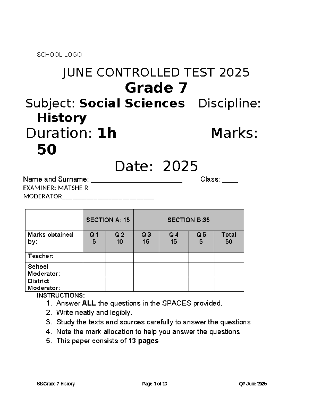 Tshwane North SS G7 History Controlled Test QP June 2025 - Studocu