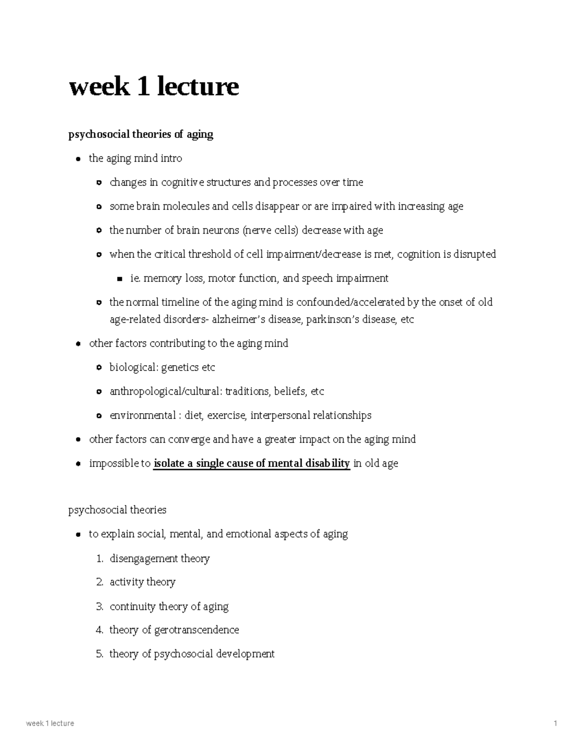 Psychosocial Theories of Aging: Week 1 Lecture Notes - Studocu