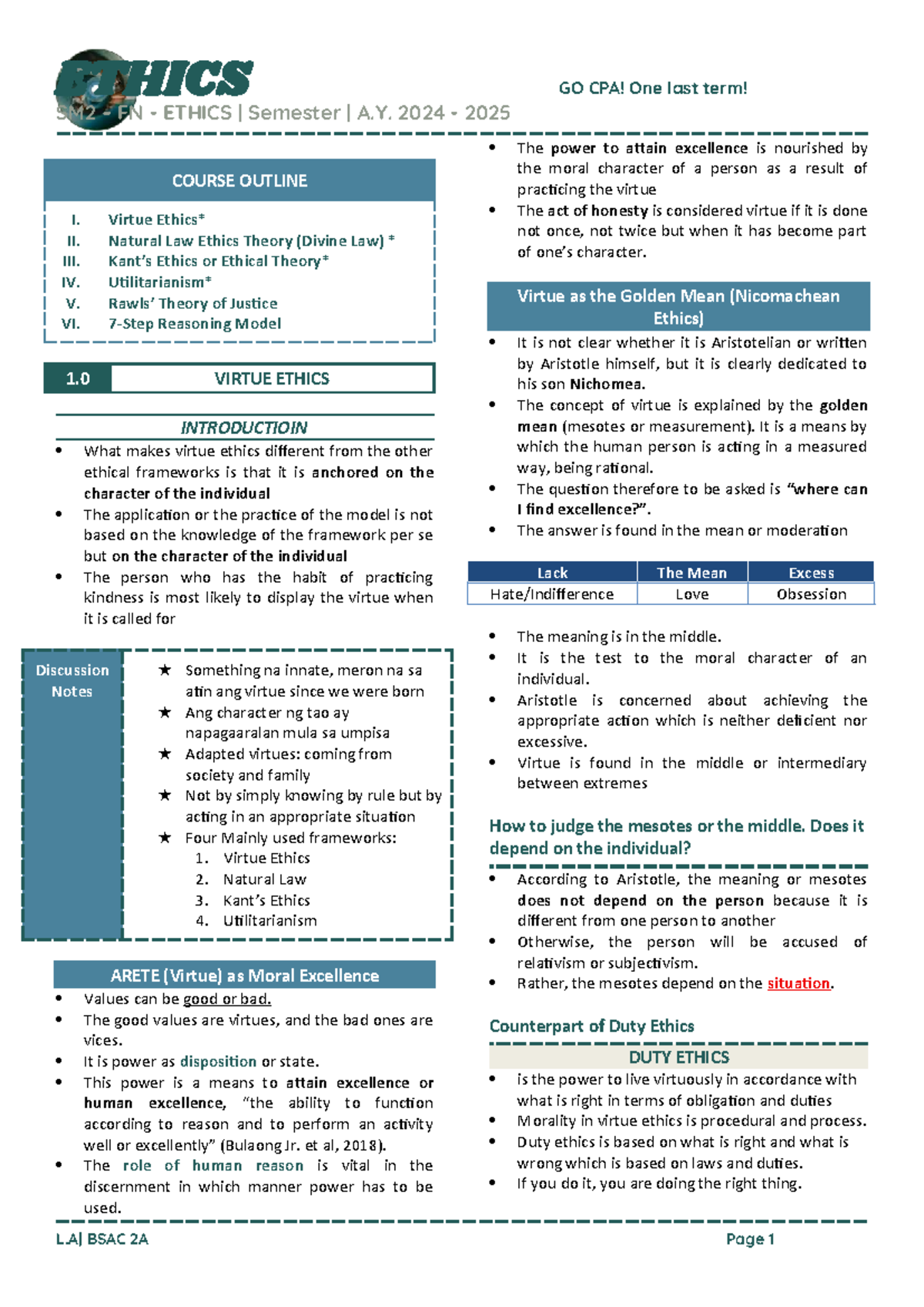 SM2 FN Ethics Course Outline: Virtue, Natural Law, and Justice - Studocu