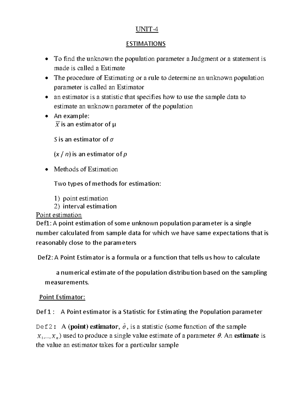 Estimation Concepts and Methods - MSF Notes Unit-4 - Studocu