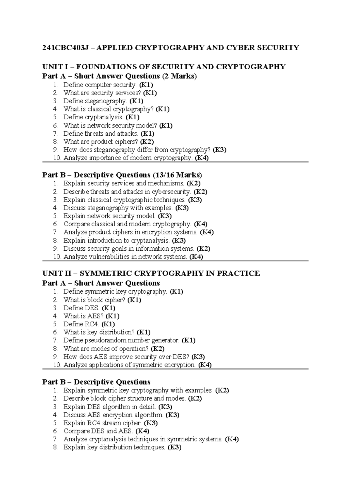 241CBC403J APPLIED CRYPTOGRAPHY & CYBER SECURITY: QB Notes - Studocu