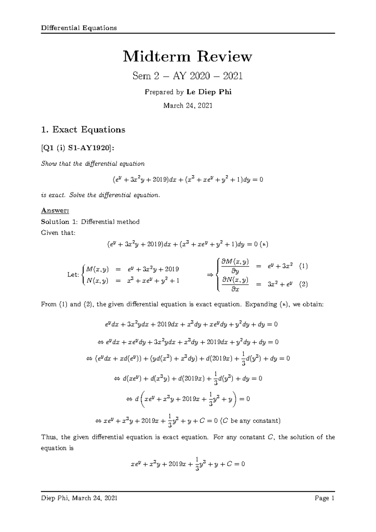 DE-Midterm-Review - .... - Midterm Review Sem 2 − AY 2020 − 2021 ...