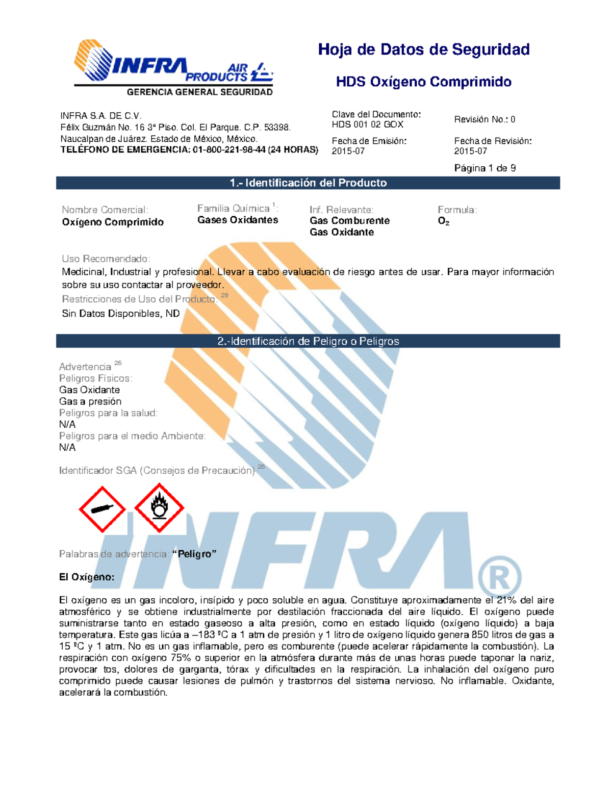 HDS 001 02 GOX: Hoja de Datos de Seguridad del Oxígeno Comprimido - Document Preview