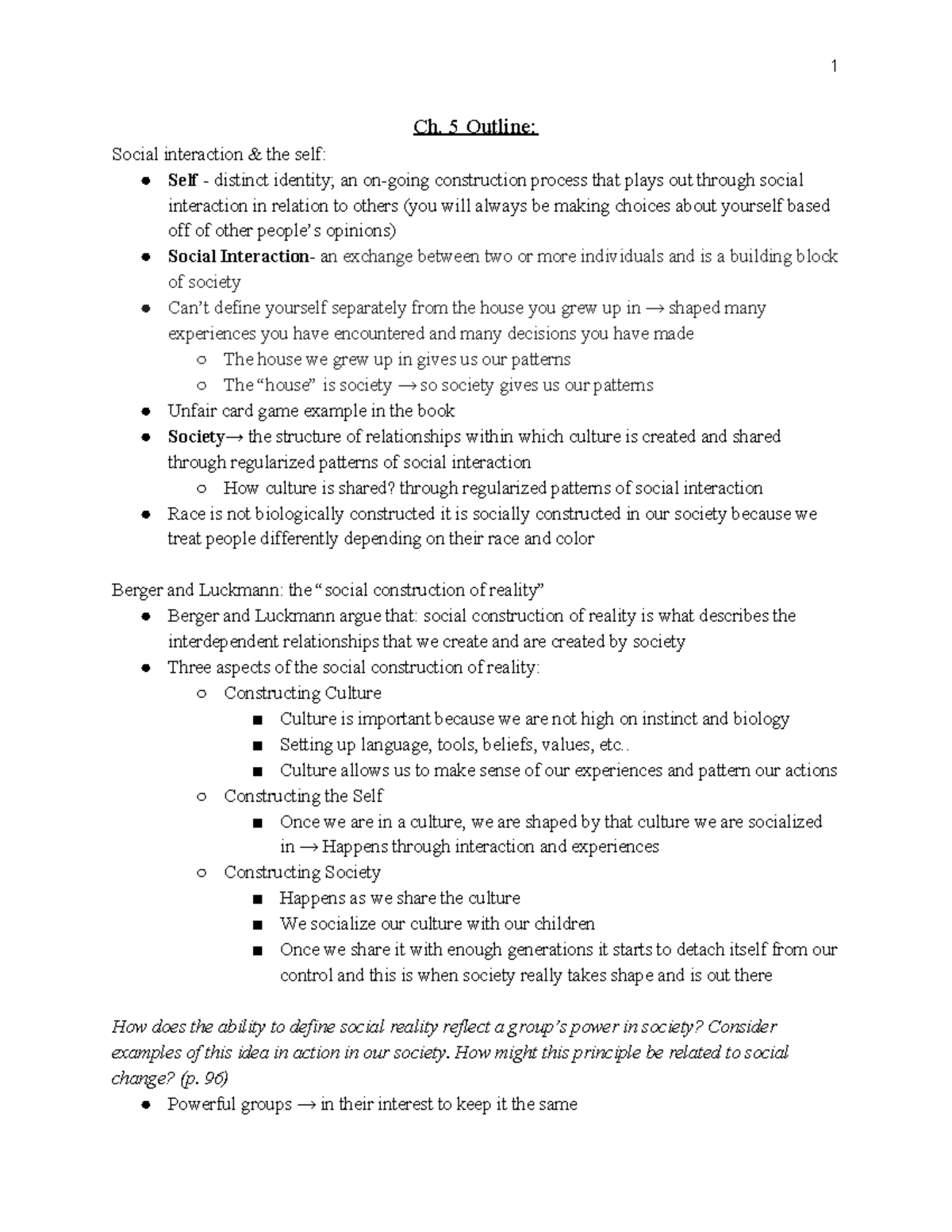 SOCL chapter 5 - Detailed notes from class - Ch. 5 Outline: Social ...