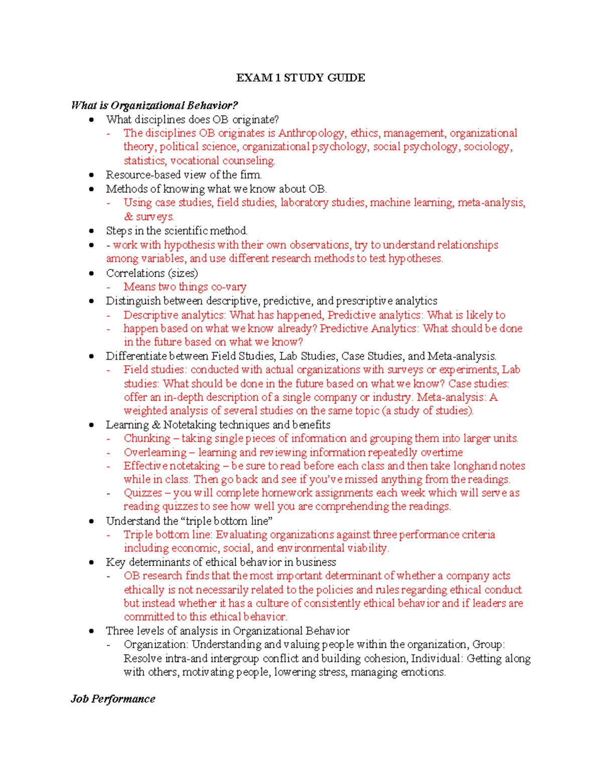 Organizational Behavior Study Guide: Key Concepts & Principles (EXAM 1 ...