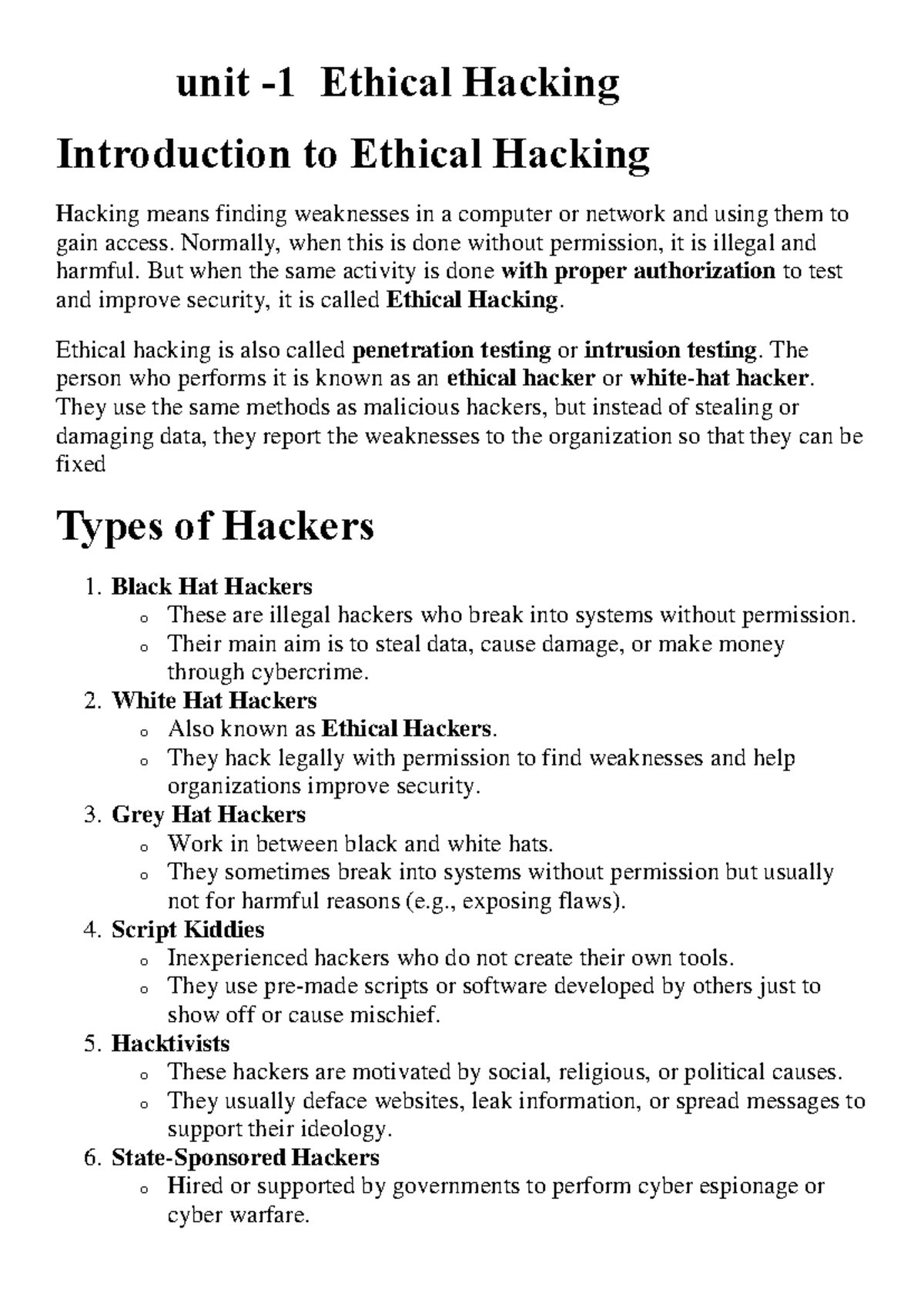 Unit 1: Introduction to Ethical Hacking and Its Importance - Studocu