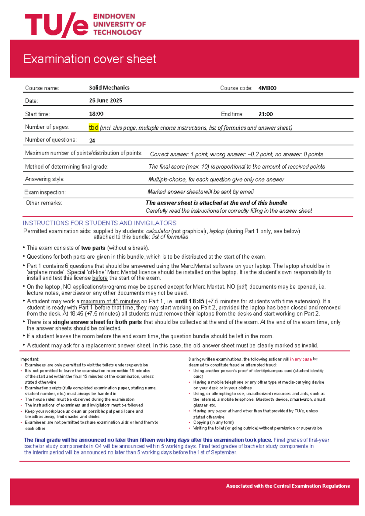Final Exam Cover Sheet for Solid Mechanics (4MB00) - Studeersnel