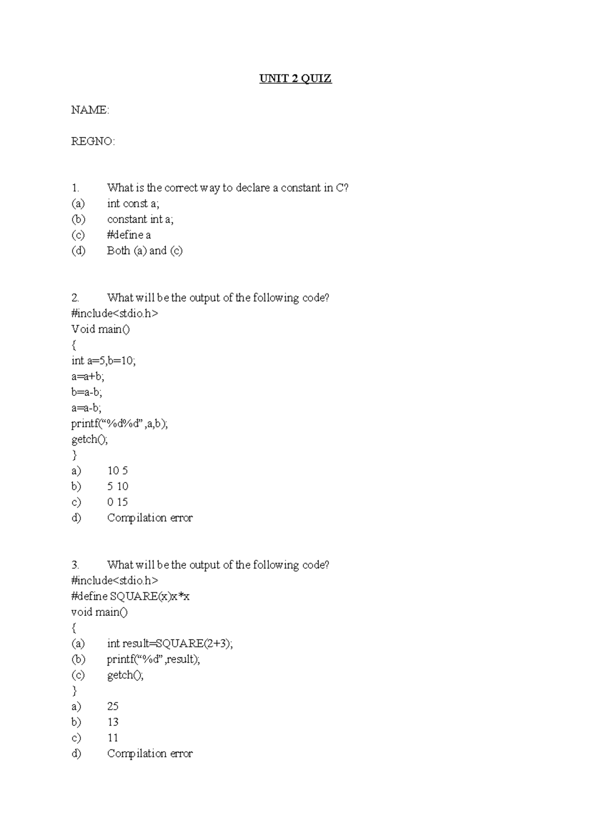 Unit 2 Quiz: C Programming Questions and Answers - Studocu