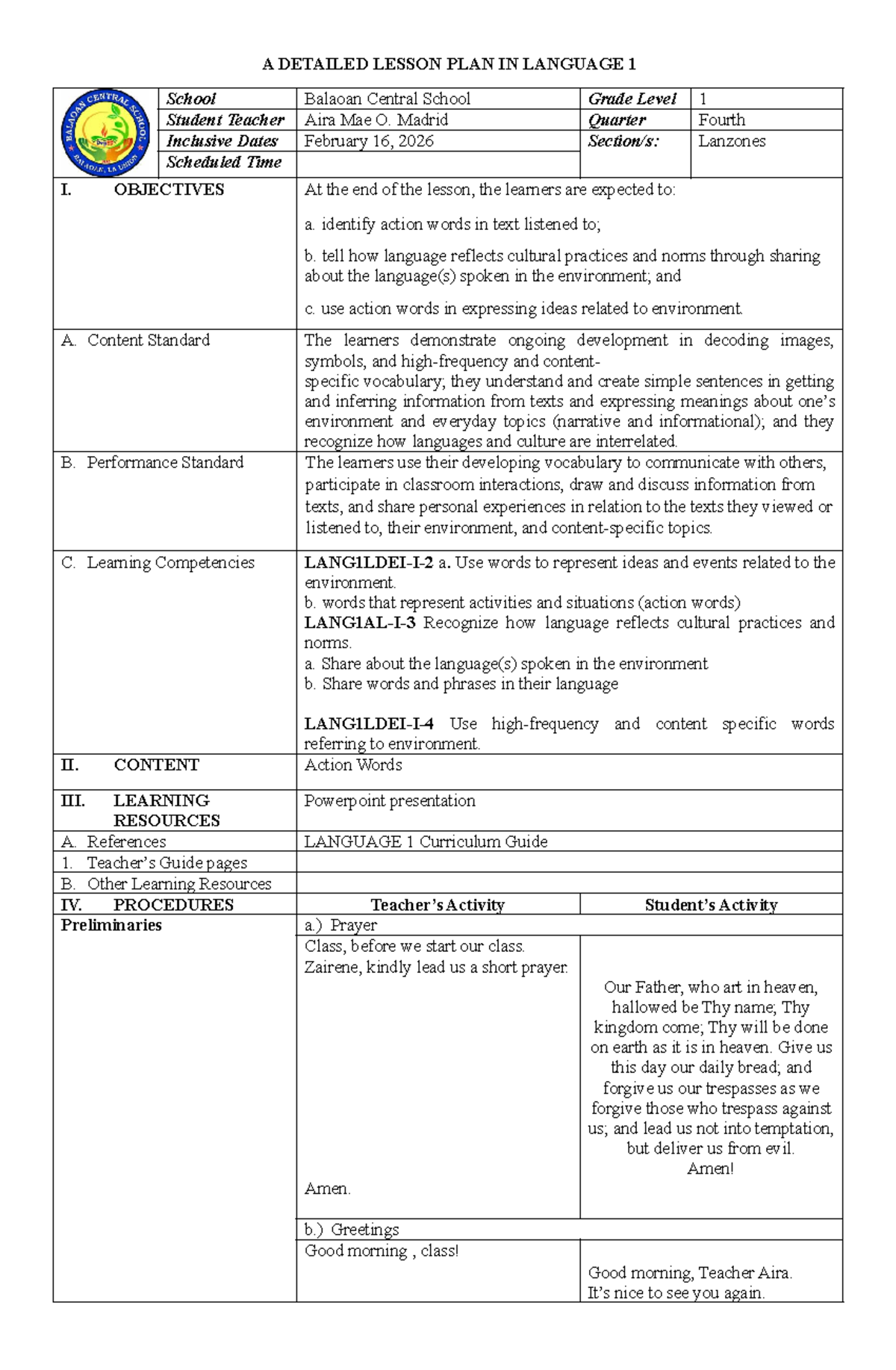 Detailed Lesson Plan for Language 1 (LP LANG1 Q4 W4 D1) - Studocu